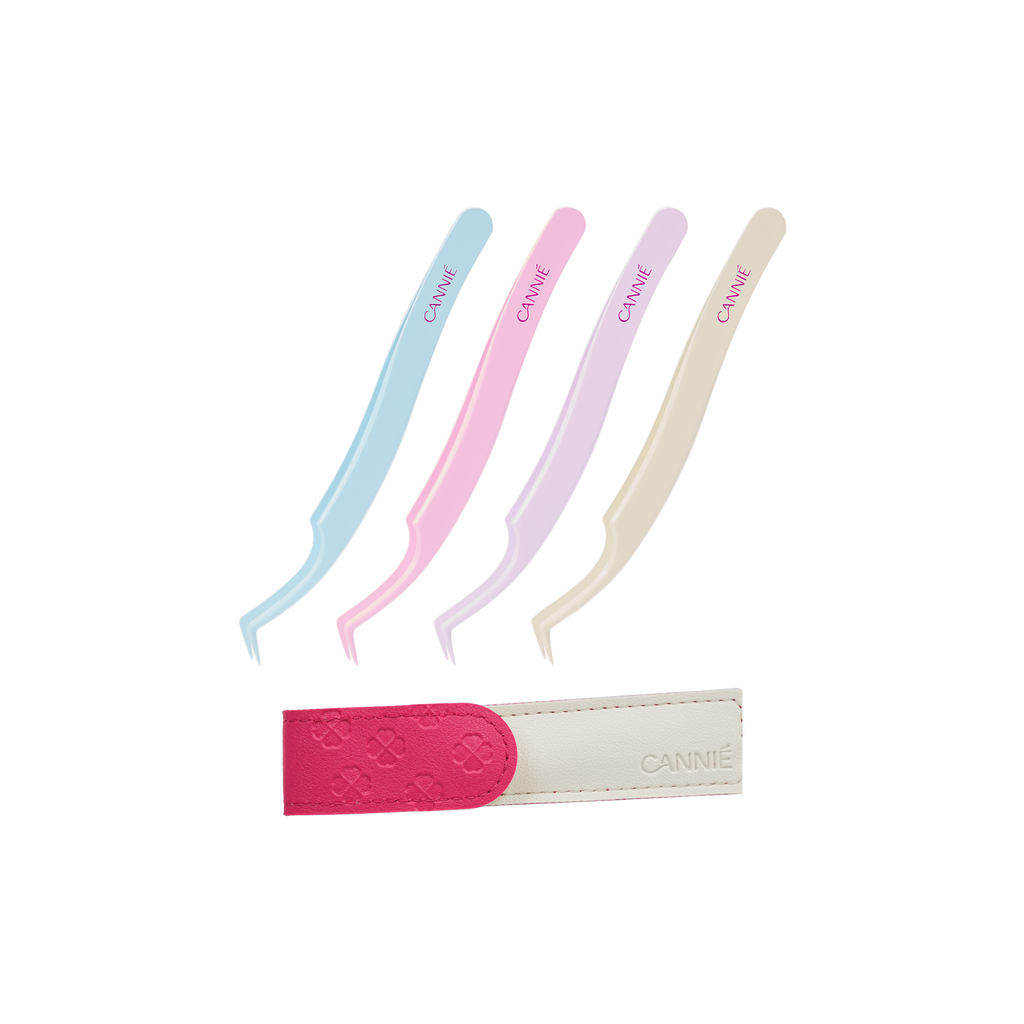 CANNIÉ LASH Anti-Stick Eyelash Tweezer in Mint Blue, Blush Pink, Lavender and Cream, with leather case